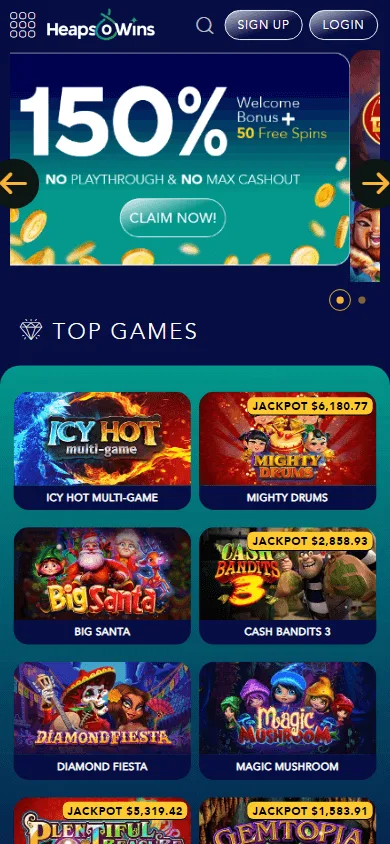 Heapsowins Casino home screen opened in a mobile browser