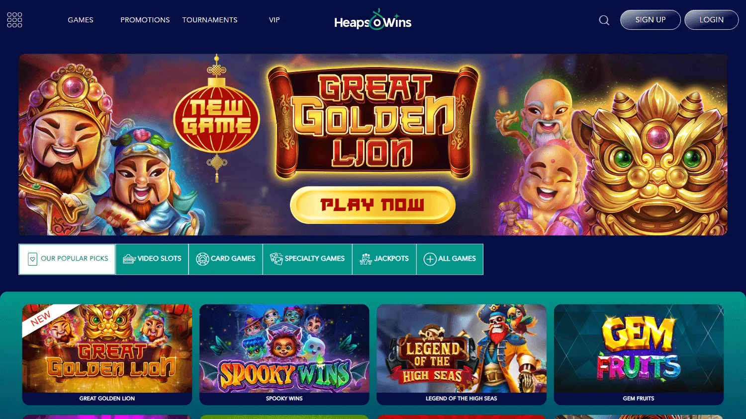 Heapsowins Casino desktop games area with RTG pokies and jackpot titles