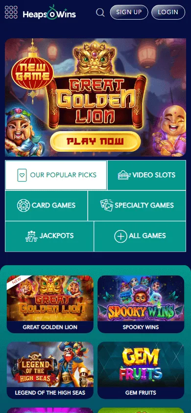 Heapsowins Casino games area opened on a mobile browser