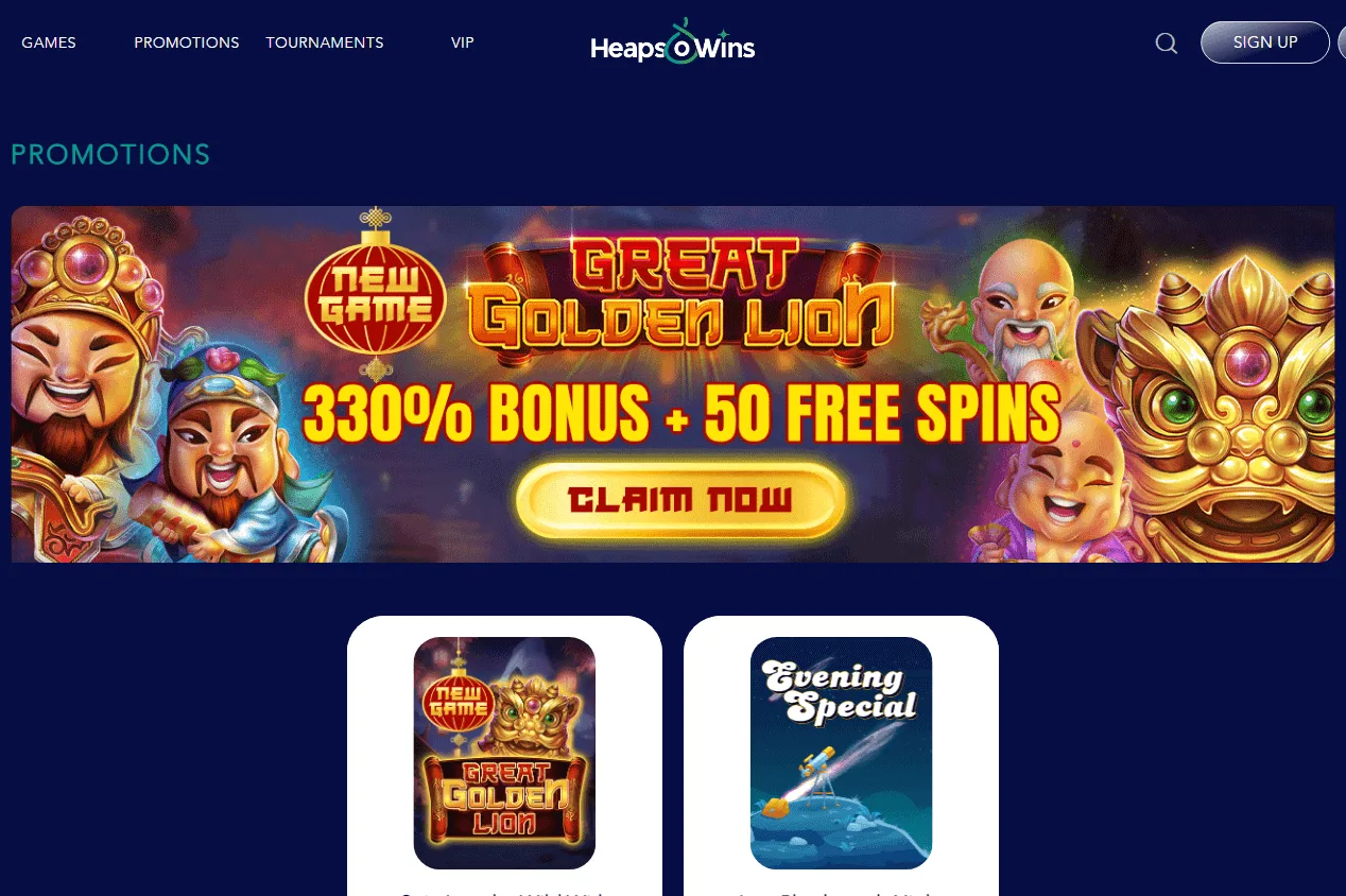 Heapsowins Casino desktop promotions area with welcome bonuses and free spins