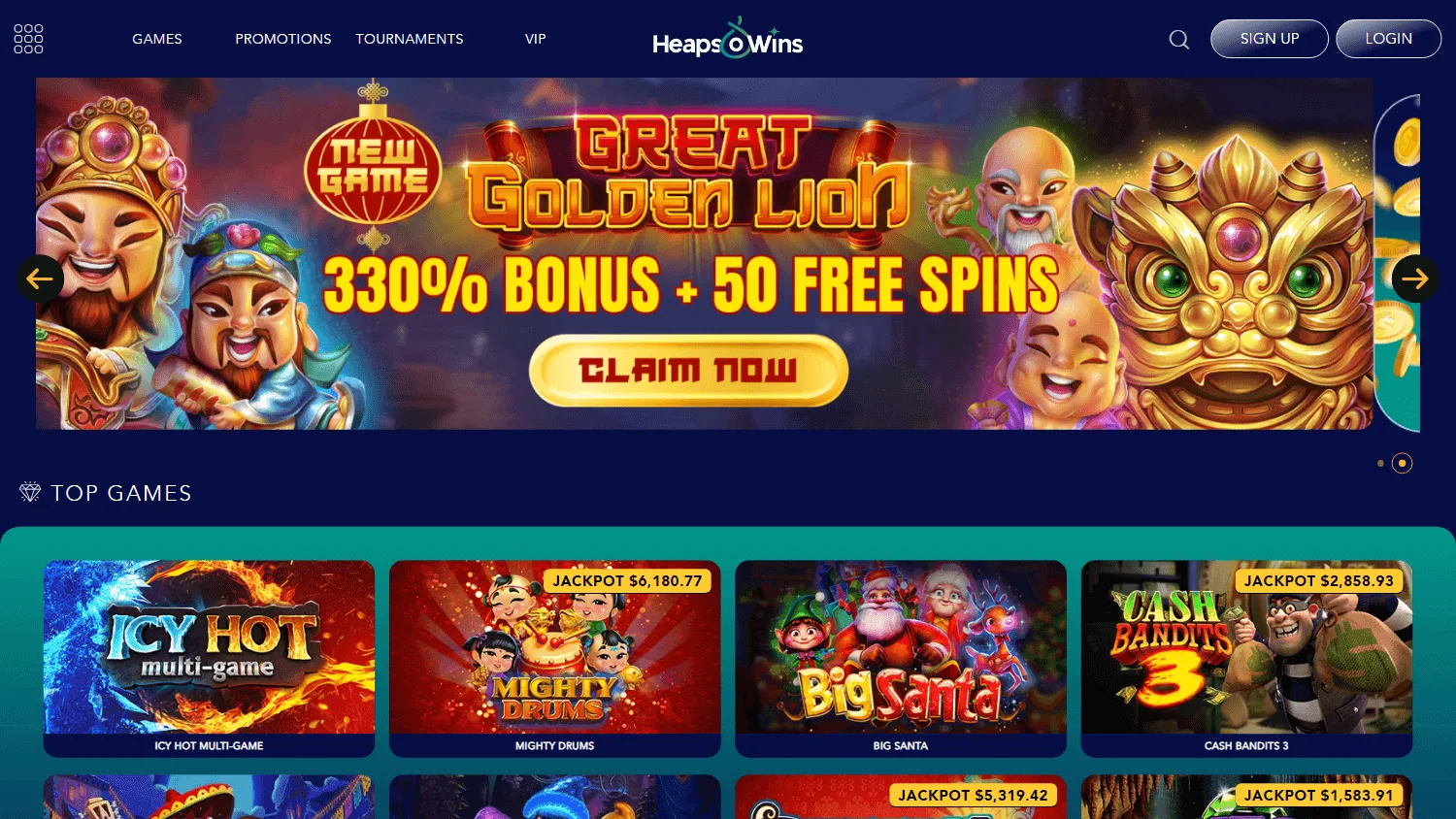 Heapsowins Casino desktop home screen with casino promotions and account access