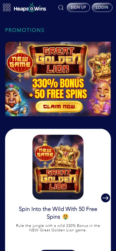 Heapsowins Casino promotions area opened on a mobile browser